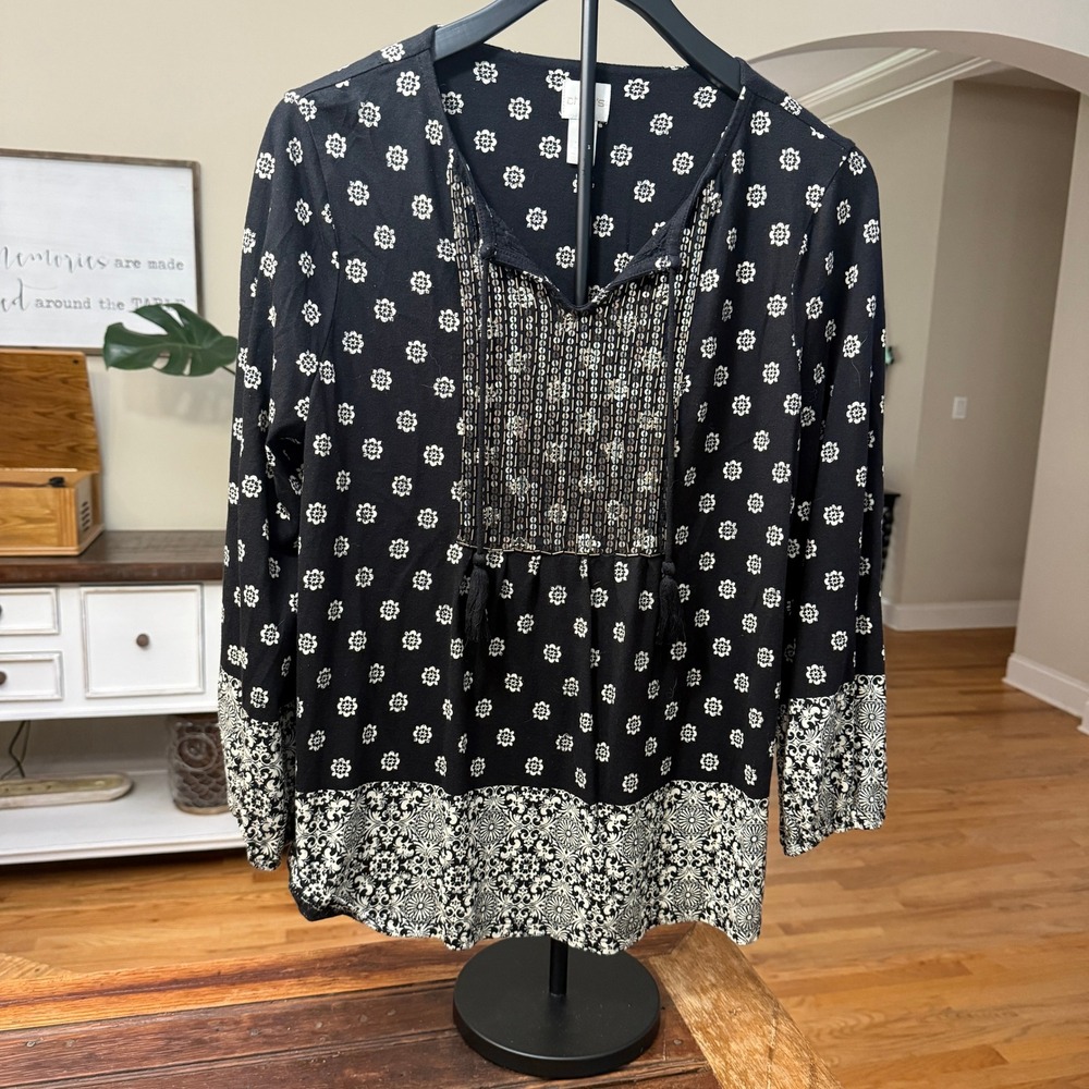 Chicos Black White Floral Sequin Bib Tassel Tie Blouse Size 1 Medium